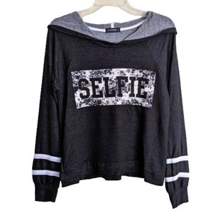 Flashmob Y2K Sweatshirt Hoodie Black Floral Graphic Print "SELFIE" Large